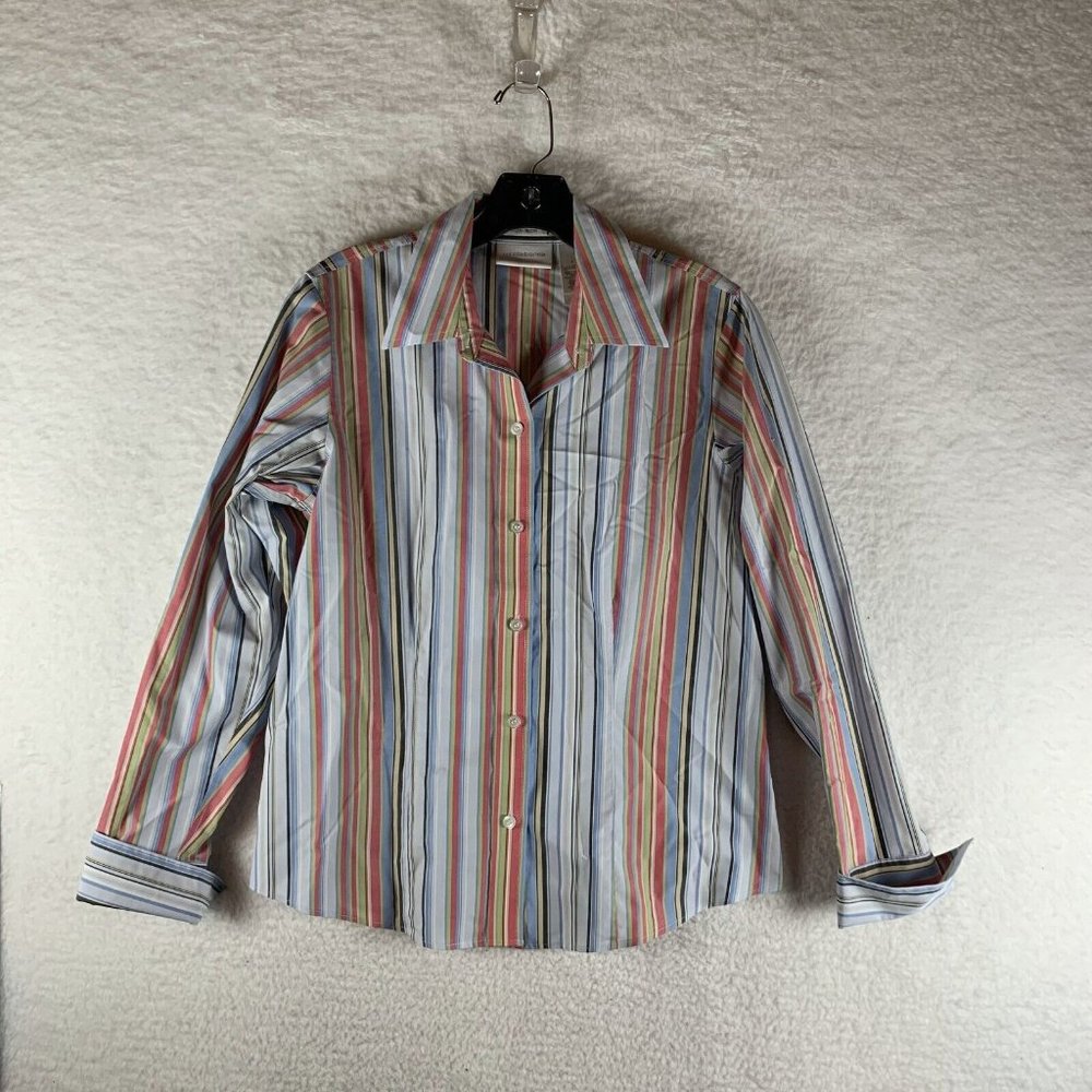 Liz Claiborne Shirt Women 4 Non Iron Striped Cotton Long Sleeve Button-Up 7929